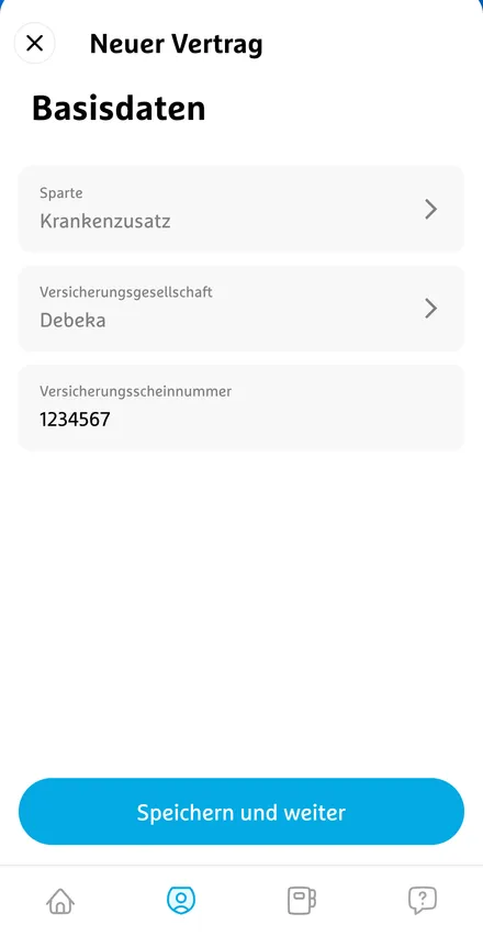 Simplr, neuer Vertrag, Sparte und Versicherungsscheinnummer