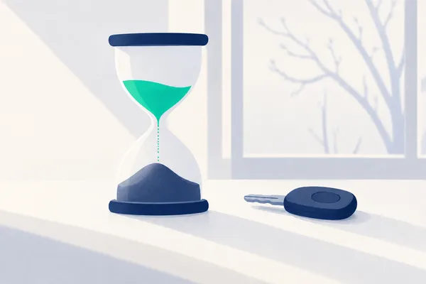 Eine Sanduhr, in der noch Sand übrig ist, steht neben einem Autoschlüssel auf einem Tisch im Herbstlicht.