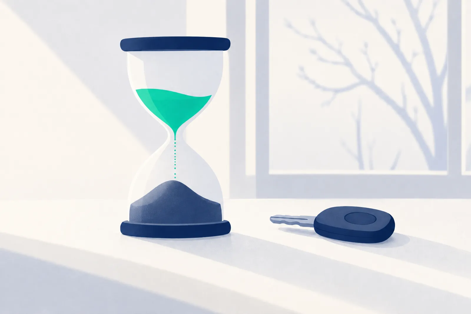 Eine Sanduhr, in der noch Sand übrig ist, steht neben einem Autoschlüssel auf einem Tisch im Herbstlicht.