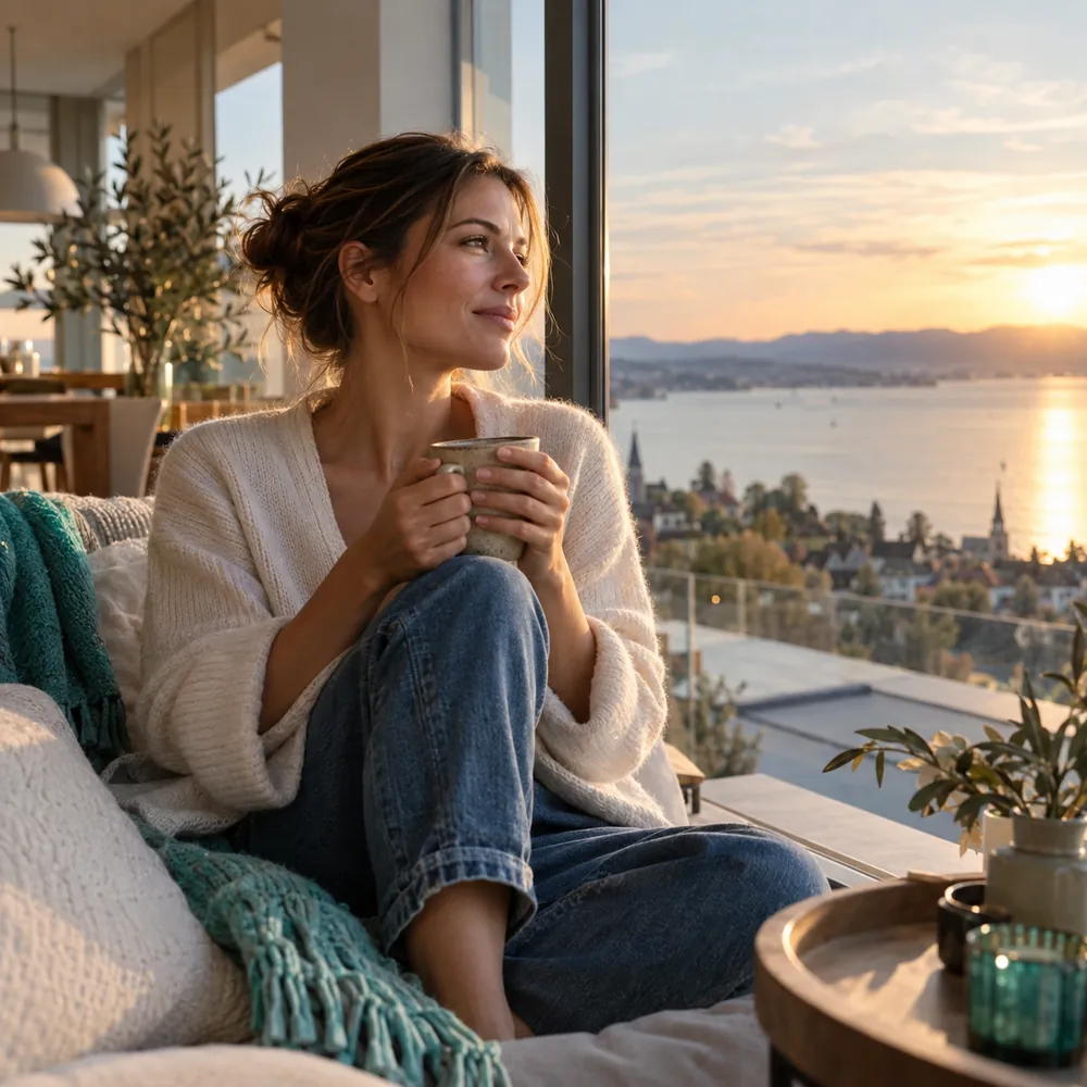 Junge Frau mit Kaffeetasse am Fenster, Blick auf den Bodensee im Abendlicht